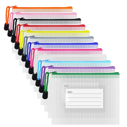 Plastic Mesh Zipper Pouch, 12Pcs Zipper File Bags with Label Pocket, Game Boards Storage Bags, Waterproof Document Storage Bags for Office Home Travel Cosmetic (A6 Size 6.3x4.7 in) - size: A6 Size 6.3x4.7 in