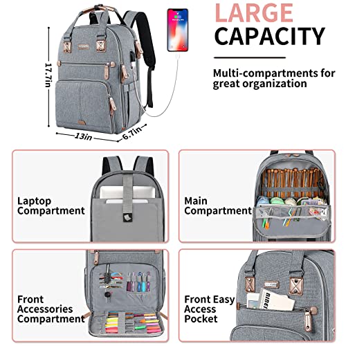 SINVICKO Crochet Bag, Knitting Bag Backpack and Totes Organizer with USB Charging Port, Large Yarn Storage Tote Bag - color: Grey