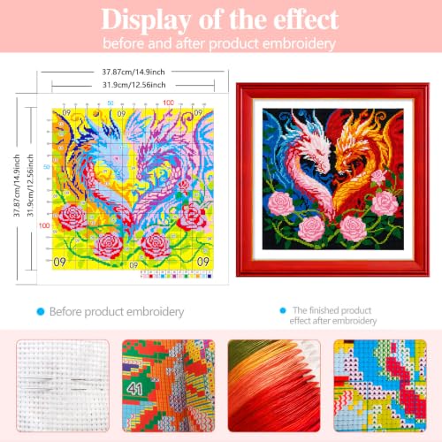 Zhenqing Twin Dragon Heart Stamped Cross Stitch Kit for Beginners, 11CT Printed Full Coverage Fire and Ice Dragon with Roses Pattern, 38 x 38 cm DIY Fantasy Embroidery Needlework Set, No Hoop Needed - color: Fire & Ice Dragon Heart