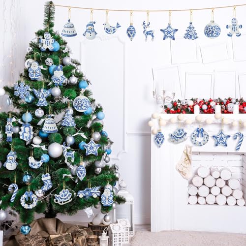 20 Pcs Christmas Diamond Art Ornaments Diamond Painting Keychain Kits - style: Blue and White Porcelain