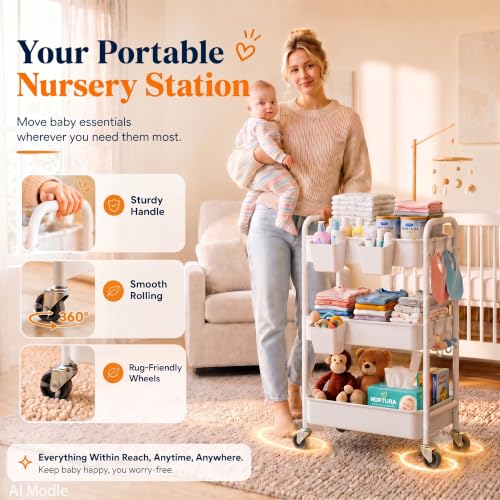 3 Tier Rolling Cart Metal with Wheels, White Three Tiered Carts on Wheels - color: Light White, size: 3 Tier + Cups + Hooks