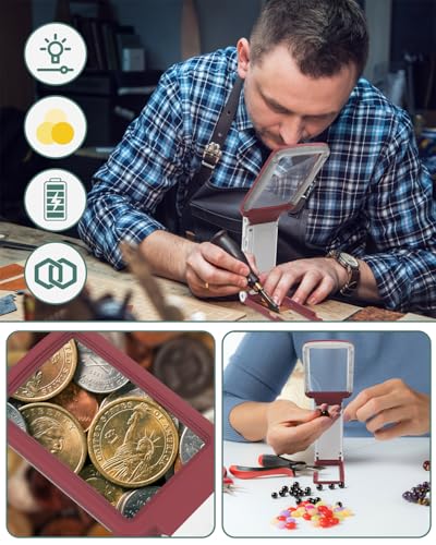 15X Magnifying Glass with Light and Stand, Rechargeable Folding Handheld Real Glass Magnifier, 3 Color Modes Dimmable Lighted Page Magnifying Sheet for Seniors Low Vision Small Prints - Red White - color: Red-white