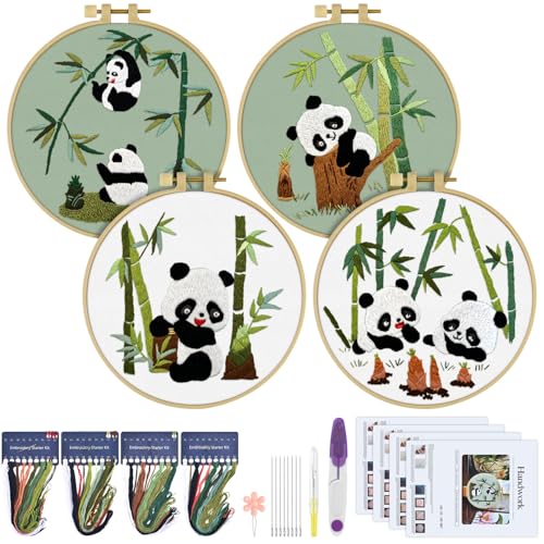 ERKOON 4 Sets Embroidery Kit for Beginners, Animal Cross Stitch Set for Adult Include Embroidery Cloth Hoops Threads for Craft Lover Hand Stitch (Panda) - color: Panda