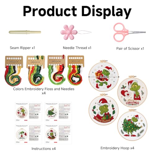 TPZBWG Embroidery Kit, 4 Pack Cross Stitch Kits,DIY Embroidery Starter Kit for Adults & Beginners, DIY Needlepoint Kit with Embroidery Hoop Thread Needle for Craft Lover Birthday Gifts (Green& White) - color: Green& White