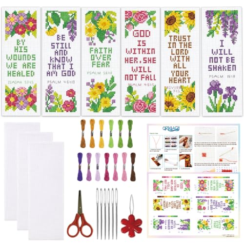 ORIGACH 6 Set Floral & Inspirational Verse Cross Stitch Bookmark Kit - style: Flower & Inspirational Verse