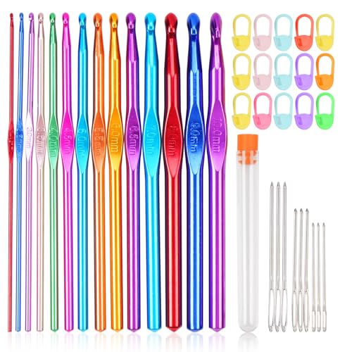 Coloured Crochet Hooks, 37 PCS Crochet Hook Set, High Quality Crochet Needles for Arthritic Hands, with Large-Eye Blunt Needles and Stitch Markers