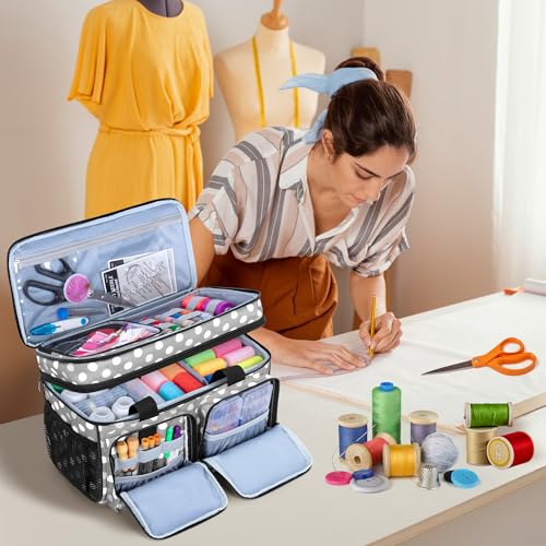 BAFASO Large Sewing Organizer Bag with an Individual Pouch, Polka Dots - color: Polka Dots
