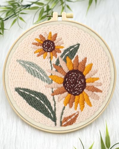 ERKOON Punch Needle Kit Beginners Adults, DIY Easy Flower Embroidery Set for Starter Art Craft, Needling Punching Project with Patterns, Tools, Yarns, Hoop, Instruction (Sunflowers) - color: Sunflowers