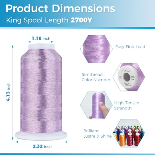 Simthread 2700 Yards Metallic Embroidery Machine Thread - Pastel Violet MS-024, 40wt High-Sheen King Spool, Smooth Running & Break Resistant for Commercial & Home Embroidery Machines - color: Pastel Violet MS-024