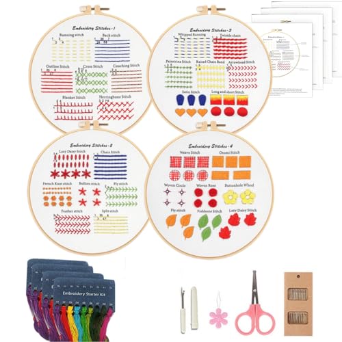 Mozzyyee 4 Sets Embroidery Starter Kit for Beginners Adults Include 4 Embroidery Clothes with Instructions Hoops Floss Thread Fabric Needles (Simple) - color: Simple