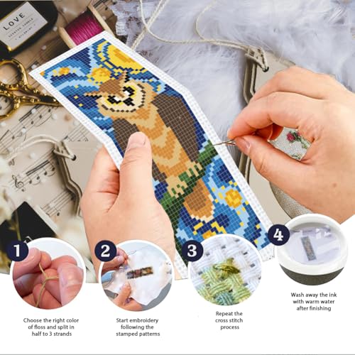 INFUNLY 6pcs Starry Sky Animals Cross Stitch Bookmark Kits for Adults Cat Dog DIY Cross Stitch Kit with Instructions Pre-Printed Art Fox Rabbits Stamped Embroidery Bookmark Kit for Book Readers Gift - style: Starry Sky Animals