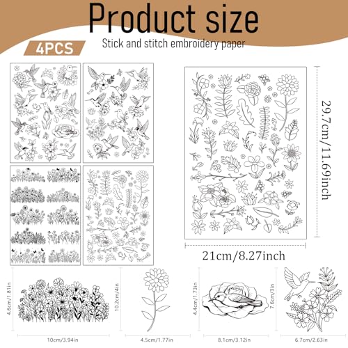 Water Soluble Embroidery Patterns Stabilizers, 4 Sheets Hummingbird Floral Stick and Stitch Papers Wash Away, Bird Animal Flower Transfers Papers DIY Crafts Gifts for Hand Sewing Lover Beginners - size: Hummingbird flower