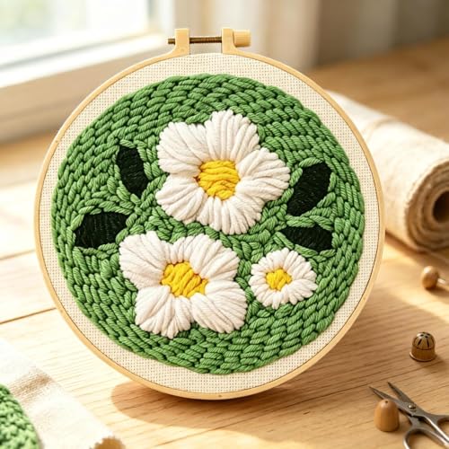 JITIERYALO Punch Needle Kit for Beginners, Green Floral Embroidery Starter Set with Hoop 20x20cm, Patterned Fabric, Punch Needle and Yarn for Adults Festival Gift and Decoration