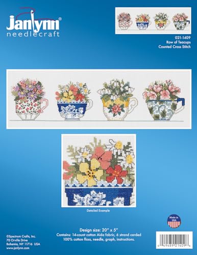 Janlynn Counted Cross Stitch Kit, Row of Teacups, By the yard