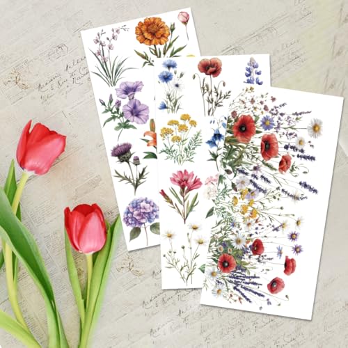 3 Sheets Flower Rub on Transfer Vintage Floral Rub on Transfers Vivid Flower Decal Stickers Durable Waterproof Redesign Furniture Sticker for Wood Furniture Wood Home Paper DIY Craft - style: Colorful Flower Clusters