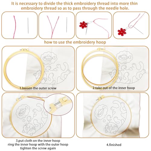 BEUNITONE 4PCS Fun and Funny Cat Embroidery Kit for Beginners, Cute Pre-Print Cat Pattern Hand Embroidery Kits with Hoop and Instruction, DIY Needlepoint Craft Kit for Gifts and Home Decor - style: A-Cat-02
