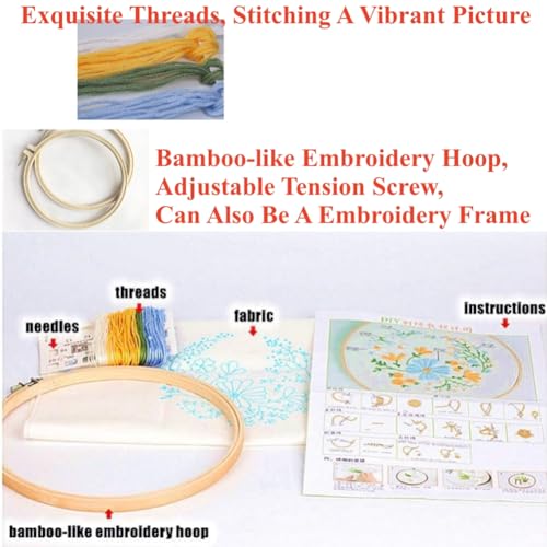 YEESAM ART Embroidery Kit with Fox and Beautiful Flowers Patterns, Full Set DIY Embroidery Cross Stitch Kits for Adults Beginners Needlework Sewing (Fox)