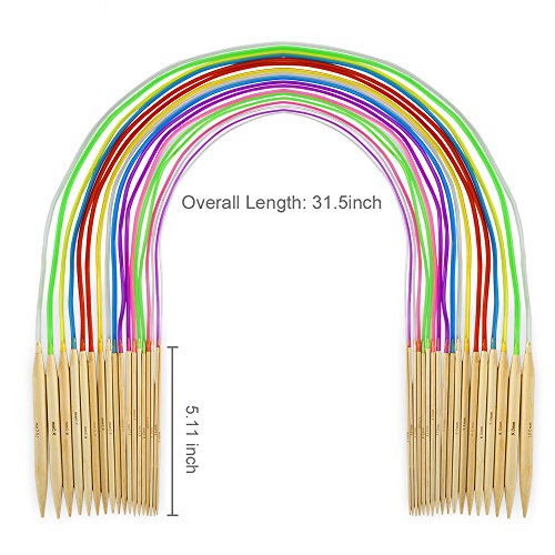 18 Pairs Bamboo Knitting Needles Set, Vancens Circular Wooden Knitting Needles with Colorful Plastic Tube, Small Tools for Weave are Included, 18 Sizes: 2mm - 10mm, 31.5" Length - size: 31.5" Knitting Needles