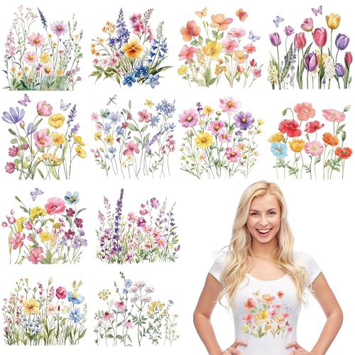 12 Sheets Watercolor Flower Iron on Transfers for T-Shirts - style: Flowers