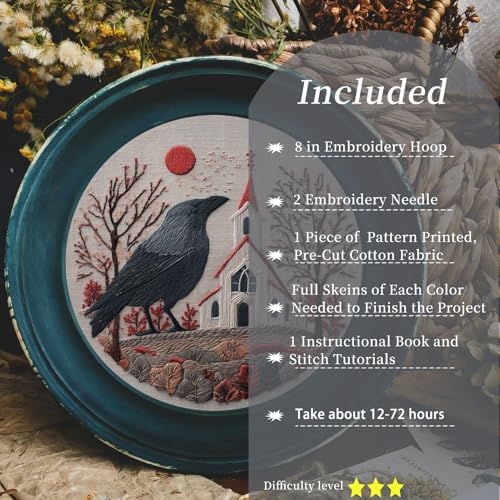 FONNUY Embroidery Kit, Featuring Crow and Landscape Patterns, Cross Stitch Kits for Both Adults and Beginners, Handmade Crafts Printed Pattern Set, Color Thread Needlework, 8'' Hoop (Clever Bird) - color: Clever Bird