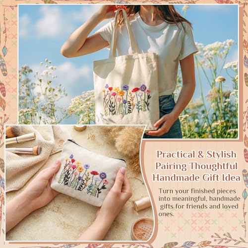 SilTriangle Embroidery Kit for Beginners Canvas Tote Bag Makeup Bag Set Cross Stitch Kits Floral Flower for Adults, Arts Crafts Needlepoint Women Shopping Reusable Bags