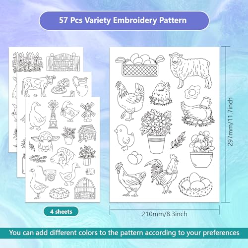 GLOBLELAND 4 Sheets Farmhouse Animals Water Soluble Embroidery Pattern - color: Farm Animals