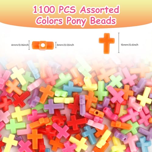 1100 Pcs Beads,Pony Beads,Beads for Jewelry Making,Beads for Bracelets,Hair Beads,Craft Beads,Plastic Beads for Crafts,Hair Beads for Kids Girls,Kandi Beads,Colorful Beads (Cross) - color: 1100 PCS Cross