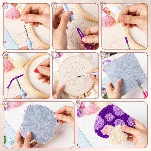 WATINC Punch Needle Coaster Kit - 22Pcs DIY Craft for Beginners, Mushroom
