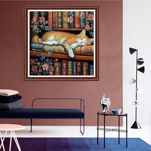 Dimensean Counted Cross Stitch Kit for Beginners, 11CT Unprinted Cross-Stitch Kit Easy Patterns Needlepoint Kit Cross Stitching Embroidery Kit Supplies-Bookshelf Cat 18x18 inch - color: ColorDIY04