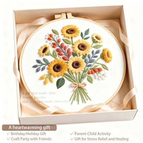 Sunflower Embroidery Kit for Beginners - All in One DIY Cross Stitch Starter with Hoop, Pre-Printed Fabric, Embroidery Threads, Needles,Perfect Craft Gift for & Home Decor