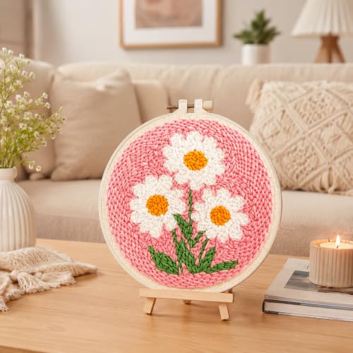 Punch Needle Kit for Beginners Adults-Flower Daisy,with Video Tutorial - color: Punch Needle kit with-1105-2