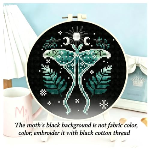 TCDZMYGS Stamped Cross Stitch Kits for Beginners-Moon Moth,with Hoop - color: Moth-2603