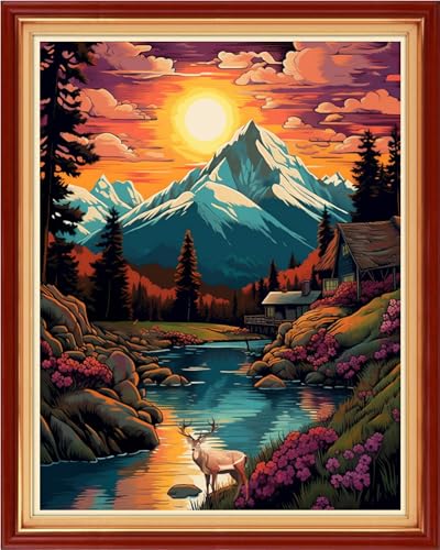 Redxing Stamped Cross Stitch Kits - Beach Night Landscape Counted Cross Stitch Kits for Beginners Adults Needlepoint Cross-Stitch Patterns-Sunrise Over Mountains and Rivers 16x20 inchs - color: ArtsKit18