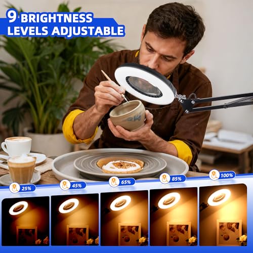Akynite 12X Magnifying Glass with Light and Stand,5 Color 9 Levels Dimmable
