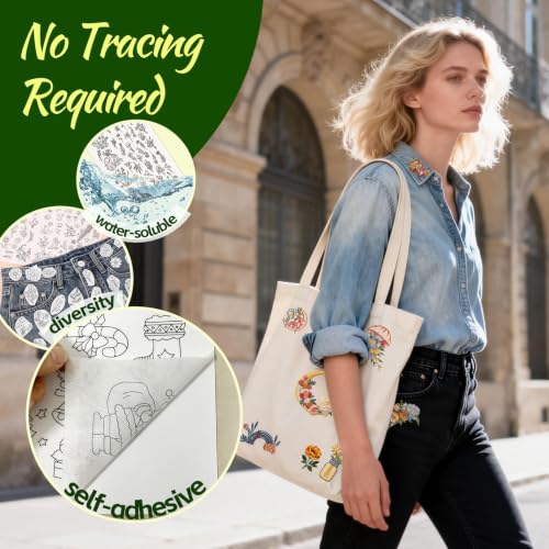 4 Sheets Stick & Stitch Water Soluble Embroidery Paper — Pre-Printed Floral Transfer Patterns, Wash-Away Stabilizer for Hand Embroidery, Beginners, Sewing & Fabric Crafts