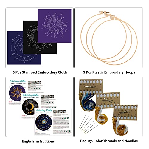 Louise Maelys 3 Set Tarot Embroidery Kit for Beginners Sun Moon Art - color: kit-3