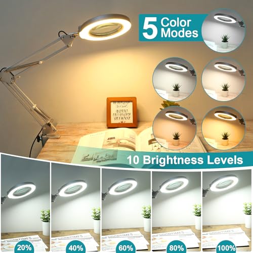 12X Magnifying Glass with Light and Stand, 2-in-1 Desk Lamp & Clamp Light, 5 Color Modes, Brightness Stepless Dimmable LED Lighted Magnifier Hands Free, Magnifier Lamp for Crafts - White - color: White, size: 12X 17.8inch Base & Clamp