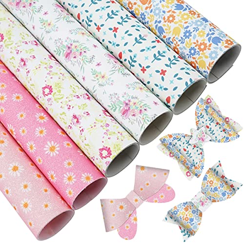 LITCHI 6 Pack 8x12 Inch Faux Leather Sheets for Bow Earring, Easy to Cut Vinyl Fabric for Cricut, Durable Fade Resistant Leatherette Without Smell, Follow Pattern - color: Daisyflower