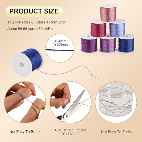 KISSITTY 328 Yards 6 Rolls Polyester Braided Metallic Thread Jewelry Beading Thread Thin Beading String Embroidery Threads for Jewelry Making Embroidery DIY Braided Bracelets Sewing Craft Bead Weaving - style: Assorted 3