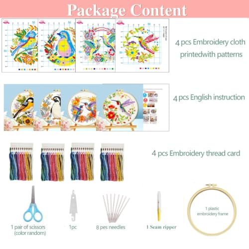 FEIYUENO 4 Pack Bird Cross Stitch Embroidery Kits for Adults (Hummingbird) - color: Hummingbird