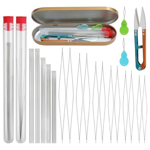 VYNFLICK Beading Needles Set - 45 pcs 6 Sizes Big Eye Seed Bead Needle, 5 Sizes Long Straight with 2 Threaders & Scissors Stainless Sewing for Beads Crafting Jewelry Making