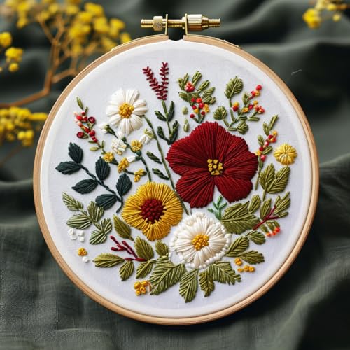 Bonroy Embroidery Kit for Beginners with Instructions,Cross Stitch Kits for Adults with Pattern,Needlepoint Kits for Adult Include Embroidery Cloth Hoops Needles Threads (flowers2) - color: flowers2