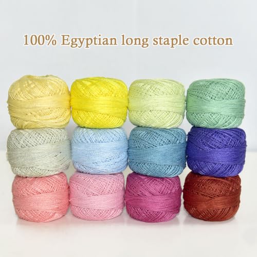Double Mercerized Egyptian Long Staple Cotton Pearl Thread Ball 10 Grams Rainbow Color 12 Colors per Box for Crochet Hardanger Kniting Hand Sewing,Macaron Pastel CreamPalette - color: Macaron Pastel Cream Palette
