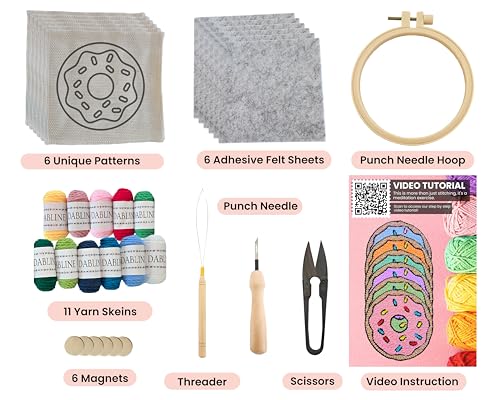 Dabline Punch Needle Kit for Beginners – 6 Pattern Punch Needle Coaster Set with Hoop, Needle, Threader, Yarn & Backing Fabric for Adults and Kids DIY Craft
