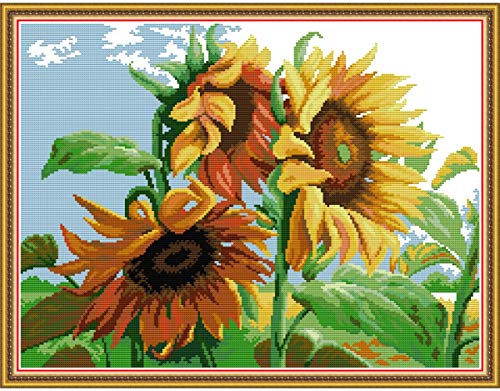 Printed Cross Stitch Kits 11CT 24X19 inch 100% Cotton Holiday Gift DIY Embroidery Starter Kits Easy Patterns Embroidery for Girls Crafts DMC Stamped Cross-Stitch Supplies Needlework Sunflower - color: Stamped 24×18.9 inch