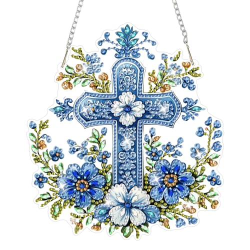 NAIMOER Cross Flowers Diamond Art Hanging Kits for Adults, 5D Special Shaped Rhinestone, DIY Acrylic Spring Diamond Art Painting Window Pendants Home Garden Wall Hanging Ornament Kits, Double Sided - color: Easter 10