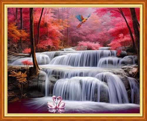 Artvxeay Stamped Cross Stitch Kits Beginners Full Range of Embroidery Starter Kits for Adults Printed Cross Stitching DIY Needlepoint Kit 11CT-Autumn Waterfall 16x20 inch - color: Color67