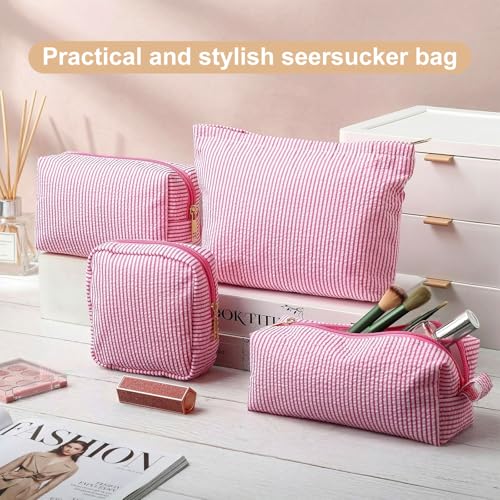 Sanwuta 4 Pcs Seersucker Pouch Striped Makeup Bag Set, Pink - color: Pink