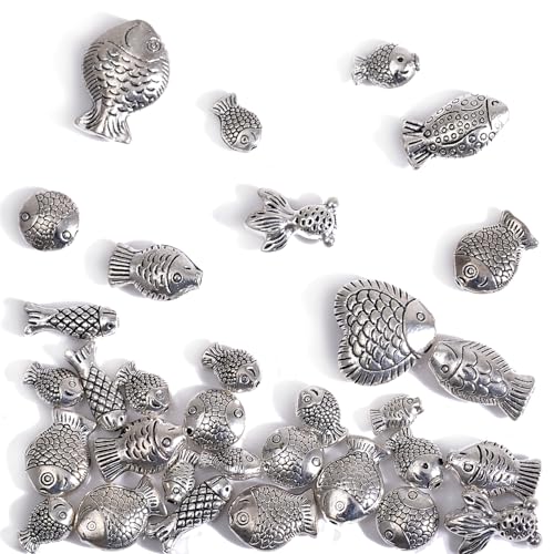 stino Silver Metal Spacer Beads for Jewelry Making, Heart Butterfly Flower Fish Beads for Bracelet Necklace Earrings,Jewelry Findings & Supplies, 50g (Fish (30PCs)) - color: Fish (30PCs)