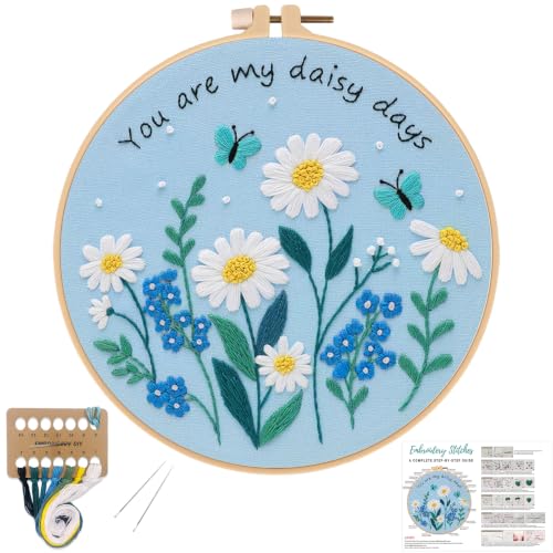 Louise Maelys Daisy Quote Embroidery Kit for Beginners, Blue Floral Craft - color: Daisy Quote